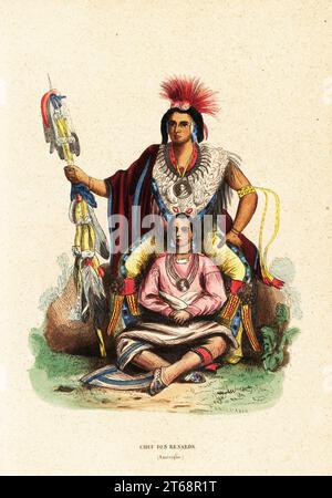 Keokuk, Chef der SAC und Fox (Meskwaki) Menschen und sein Sohn. Chef Keokuk oder Kee-o-kuk, Wachvoller Fuchs oder Lauffuchs, mit Sohn, Musewont, langhaariger Fuchs. Küchenchef des Renards (Amerique). Das Tragen von Medaillons des Präsidenten von Amerika. Kopiert von den Indianerstämmen Nordamerikas von Thomas L. McKenney und James Hall, 1836. Handkolorierter Holzschnitt von Pannemaker nach einem Porträt von Charles Bird King in Auguste Wahlen's Moeurs, Usages et Costumes de tous les Peuples du Monde, (Manners, Customs and Costumes of all the People of the World) Librairie Historique-Artistique, Brüssel, 1845. Wahlen Stockfoto