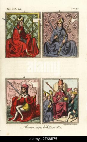 Erzbischof von Trier mit Mitra, Schwert und Fahne 1, Erzbischof von Köln 2, weltlicher Kurfürst 3 und Kaiser Karl IV. Auf seinem Thron mit Zepter und Kugel 4. Arcivescovo, Elettori. Miniaturen aus dem Wiener Codex des Goldenen Stiers, eine illustrierte Handschrift für König Wenzel IV. Von Böhmen, 1365. Handkolorierter Kupferstich von Migliavacca von Giulio Ferrarios Kostüme Alte und Moderne der Völker der Welt, Il Kostüm Antico e Moderno, Florenz, 1844. Stockfoto