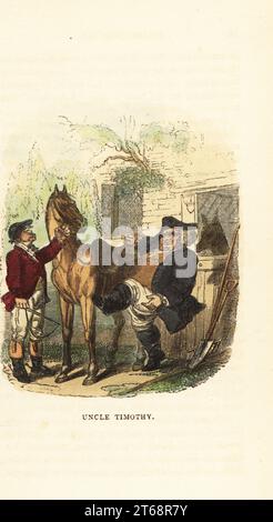 Fettleibiger Mann mittleren Alters, der versucht, ein Pferd zu besteigen. Ein Jockey hält den Maul des Pferdes vor einem Stall. Onkel Timothy. Handkolorierter Holzstich nach einer Illustration von Thomas Rowlandson von W. H. Harrisons The Humourist, A Companion for the Christmas Fireside, Rudolph Ackermann, 19 Strand, London, 1831. Stockfoto