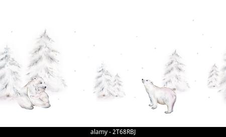 Nahtlose Grenze mit weißem Eisbär und Bäumen mit Schnee. Aquarellhandzeichnung Illustration auf isoliertem weißem Hintergrund. Stockfoto