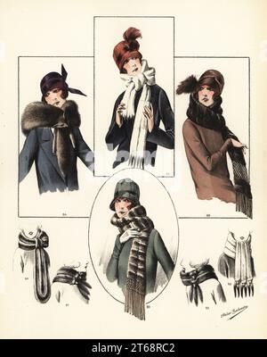 Modische Frauen in Cloche Hüte und Pelzschals. Schal aus Alaska-Fuchs 86, Ermin mit Schwänzen 87, Moleskin 88 und gefranste Chinchilla 89. Handkolorierte Lithographie von Modeles originaux de Fourrures, Original Models in fur, Nr. 17, Atelier Bachwitz, Wien, 1926. Stockfoto