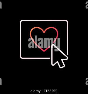 Klicken Sie mit der Maus auf den Vektor der Herzschaltfläche, das Symbol der farbenfrohen Kontur. Knopf mit Herz und Cursor-Symbol für Valentinstag auf dunklem Hintergrund Stock Vektor