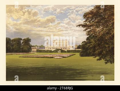 Cliveden, Buckinghamshire, England. Viktorianisches Haus im englischen Palladianstil und im römischen Cinquecento-Stil, das Charles Barry 1851 für George Sutherland-Leveson-Gower, 2. Duke of Sutherland, erbaute. Nur die Arkadenterrasse ist von dem ursprünglichen Haus aus dem Jahr 1666 erhalten, das William Winde entwarf. Farbholzblock von Benjamin Fawcett im Baxter-Prozess einer Illustration von Alexander Francis Lydon von Reverend Francis Orpen Morriss malerische Ansichten der Sitze von Adligen und Herren von Großbritannien und Irland, William Mackenzie, London, 1880. Stockfoto