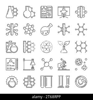 Mikroskop, Teströhrchen, Kolben, Molekül und andere chemische Konturvektorsymbole gesetzt Stock Vektor