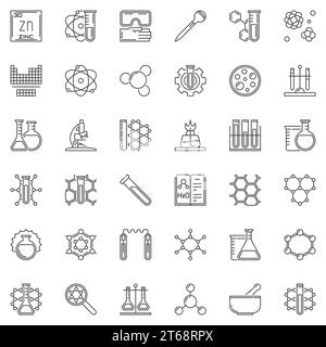 Vektorkonzept für Wissenschaft und Chemie umrissen Symbole. Chemische Laborsymbole in dünner Linienform Stock Vektor