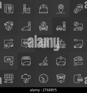 Minimale Symbole für Elektrofahrzeuge. Vektorsammlung von Konzeptschildern für Elektrofahrzeuge oder Elektrofahrzeuge auf dunklem Hintergrund Stock Vektor