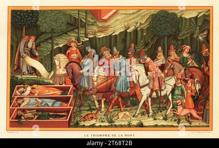 Die Lebenden und die Toten aus dem Triumph des Todes. Der heilige Macarius liest eine Schriftrolle und zeigt drei zersetzende Leichen in offenen Särgen für eine Gruppe junger Männer und Frauen auf der Jagd. Le Triomphe de la Mort. Fresko von Buonamico Buffalmacco im Kreuzgang von Camposanto, Pisa, 14. Jahrhundert. Chromolithographie von Franz Kellerhoven aus Paul Lacroixs La Vie Militaire et Religieuse au Moyen Age et a lEpoque de la Renaissance, Militär- und Religionsleben im Mittelalter und der Renaissance, Paris, 1873. Stockfoto