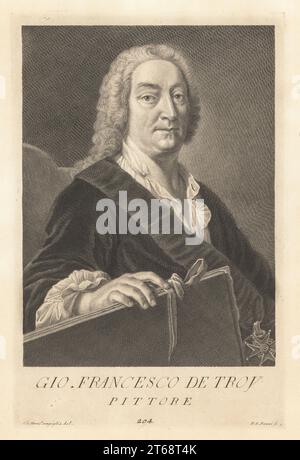Jean-Francoois de Troy, französischer Rokoko-Staffelei- und Freskomaler, Zeichner- und Wandteppich-Designer, 1679-1752. Direktor der Französischen Akademie in Rom. In Perückenpulver mit Schärpe des Ordens St. Louis, er hat ein Portfolio von Zeichnungen. Gio. Francesco de Troy, Pittore. Copperplate-Gravur von Pietro Antonio Pazzi nach Giovanni Domenico Campiglia nach einem Selbstportrait des Künstlers aus Francesco Moucke's Museo Florentino (Museum Florentinum), Serie di Ritratti de Pittori (Serie von Maler-Porträts) stamperia Mouckiana, Florenz, 1752-62. Stockfoto
