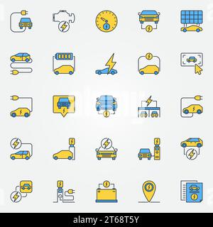 Bunte Symbole für Elektrofahrzeuge – Vektorsymbole für Elektrofahrzeuge und Ladepunkte oder Logoelemente Stock Vektor