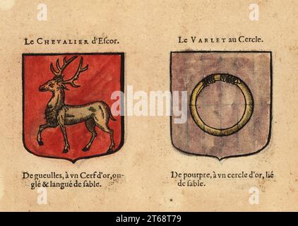 Imaginäre Wappen des Vierten Kapitels des Königs Arthurs Ritter der Tafelrunde: Der gute Ritter Descor mit goldenem Hirsch auf rotem Feld und der Varlet au Cercle mit goldenem Ring auf lila Feld. Chevaliers de la table ronde: le Chevalier dEscor, le Varlet au Cercle DOR.. Handkolorierter Holzschnitt von Hierosme de Baras Le Blason des Armoiries, Chez Rolet Boutonne, Paris, 1628. Stockfoto