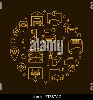 Batterie Elektrofahrzeug Runde Vektor gelbe Illustration im Umrissstil auf dunklem Hintergrund Stock Vektor