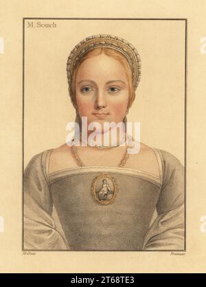 Mary Zouch, die Dame, die auf Jane Seymour wartet. Oder Joan Zouch, Ehefrau von Richard Zouch, Schwester von Sir Edward Rogers, dem Hausvater von Königin Elizabeth I., oder Anne Gainsford, die auf Anne Boleyn wartet. M. Souch. Handkolorierter Kupferstich-Stich von Freeman nach einem Porträt von Hans Holbein dem Jüngeren nach Imitationen von Originalzeichnungen von Hans Holbein, John Chamberlaine, London, 1812. Stockfoto