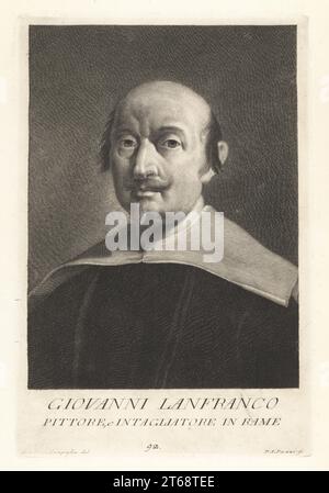 Giovanni Lanfranco, italienischer Maler und Gravierer der Barockzeit, 1581-1647. Auch bekannt als Cavaliere Giovanni di Stefano, gemalt religiöse Themen in Rom für Kardinal Sannese und Papst Paul V. Pittore e Intagliatore in Ramen. Copperplate-Gravur von Pietro Antonio Pazzi nach Giovanni Domenico Campiglia nach einem Selbstportrait des Künstlers aus Francesco Moucke's Museo Florentino (Museum Florentinum), Serie di Ritratti de Pittori (Serie von Maler-Porträts) stamperia Mouckiana, Florenz, 1752-62. Stockfoto