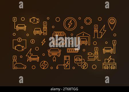 Goldene Illustration der Vektorumrisse der EV-Ladestation. Lineares Banner für das Ladekonzept eines Elektrofahrzeugs auf dunklem Hintergrund Stock Vektor