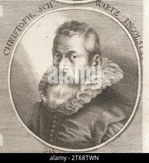 Christoph Schwartz, deutscher Hofmaler, geb. in Ingolstadt, arbeitete um 1545–1592 für den Kurfürsten Maximilian I. von Bayern. Cristoph Schwartz Ingolsus. Kupferstich nach einer Illustration von Joachim von Sandrart aus seiner LAcademia Todesca, della Architectura, Scultura & Pittura, oder Teutsche Academie, der Edlen Bau- Bild- und Mahlerey-Kunste, Deutsche Akademie für Architektur, Skulptur und Malerei, Jacob von Sandrart, Nürnberg, 1675. Stockfoto