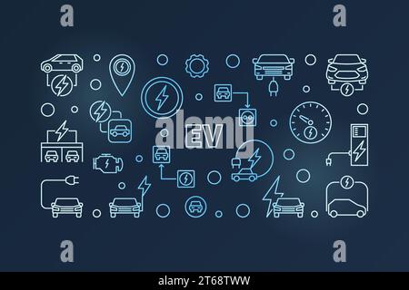 EV Creative Outline Banner – Vektor-Elektrofahrzeug-horizontale Illustration auf dunklem Hintergrund Stock Vektor