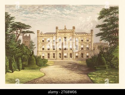 Elvaston Castle, Derbyshire, England. Haus im gotischen Stil, erbaut von Robert Walker und entworfen von James Wyatt in der Regency-Ära, mit Gärten, die William Barron für Charles Stanhope, 3. Earl of Harrington, entwarf. Farbholzblock von Benjamin Fawcett im Baxter-Prozess einer Illustration von Alexander Francis Lydon von Reverend Francis Orpen Morriss malerische Ansichten der Sitze von Adligen und Herren von Großbritannien und Irland, William Mackenzie, London, 1880. Stockfoto