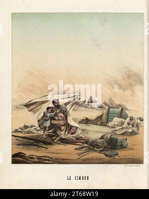 Eine Familie flüchtet vor dem Simoom-Wind in der Sahara. Sie haarigen hinter Kamelen und liegen unter Laken auf dem Boden. Le Simoun. Handkolorierte Lithografie von Emile Lemaitre aus Munerelles Les Phenomenes et Curiosites de la Nature (Naturphänomene und Kuriositäten), Libraire Derivaux, Straßburg, 1856. Stockfoto