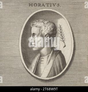 Quintus Horatius Flaccus, 65-8 v. Chr., auch bekannt als Horace, römischer Lyriker zur Zeit des Augustus (auch bekannt als Octavian). Kupferstich nach einer Illustration von Joachim von Sandrart aus seiner LAcademia Todesca, della Architectura, Scultura & Pittura, oder Teutsche Academie, der Edlen Bau- Bild- und Mahlerey-Kunste, Deutsche Akademie für Architektur, Skulptur und Malerei, Jacob von Sandrart, Nürnberg, 1675. Stockfoto