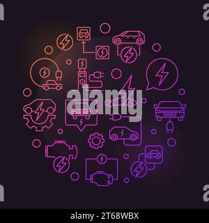 Elektroauto Runde Vektor bunte Illustration mit EV und Ladestation Umrisssymbole auf dunklem Hintergrund Stock Vektor
