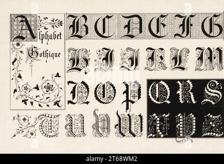 Anfangsbuchstaben aus einem gotischen Alphabet. Alphabet Gothique. Chromolithographie von Ernst Guillot aus seiner Ornementation des Manuscrits au Moyen-Age, Paris, 1897. Stockfoto