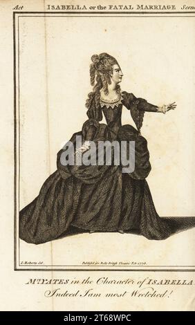 Mrs. Mary Ann Yates in der Figur der Isabella in David Garricks Isabella oder die tödliche Ehe. Kupferstich von J. Thornthwaite nach einer Illustration von James Roberts vom Bells British Theatre, bestehend aus den angesehensten englischen Theaterstücken, John Bell, London, 1780. Stockfoto