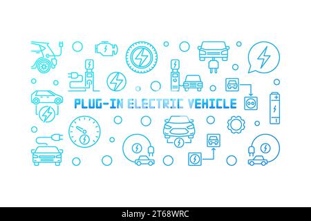 Vektorkontur des Plug-in-Elektrofahrzeugs blaue Illustration oder Banner auf weißem Hintergrund Stock Vektor
