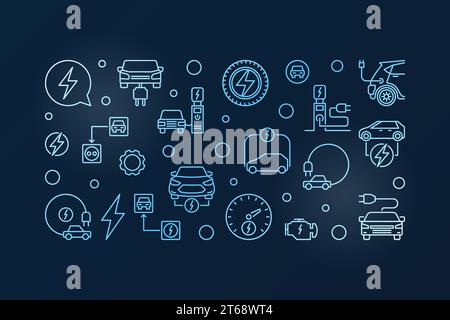 Plug-in-Elektrofahrzeug Vektor blau Umriss horizontale Illustration oder Banner auf dunklem Hintergrund Stock Vektor