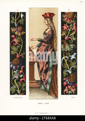 Deutsche Damenmode und Ornament aus dem späten 15. Jahrhundert. Teppichstickerei mit Laub aus dem Bayerischen Nationalmuseum A,B und Frau in festlicher Kleidung aus einem Gemälde von Hans Holbein C. Chromolithographie von Hefner-Altenecks Kostümen, Kunstwerken und Geräten vom Mittelalter bis zum 17. Jahrhundert, Frankfurt, 1889. Illustration von Dr. Jakob Heinrich von Hefner-Alteneck, Lithographie von I. M. Dr. Hefner-Alteneck (1811–1903) war ein deutscher Museumskurator, Archäologe, Kunsthistoriker, Illustrator und Radierer. Stockfoto