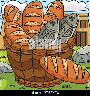 Christian fünf Brote und zwei Fischfarbige Cartoon Stock Vektor