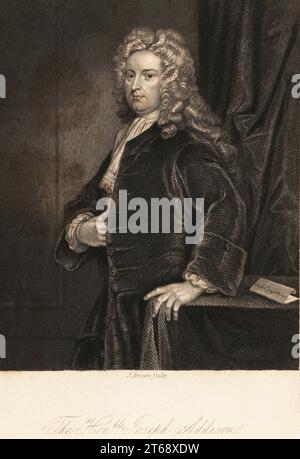 Porträt des ehrenwerten Joseph Addison, 1672-1719, englischer Essayist, Dichter, Dramatiker und Politiker. Stahlstich von J. Brown nach einem Porträt von Sir Godfrey Kneller aus dem Leben von Joseph Addison von Lucy Aikin, London, 1843. Stockfoto