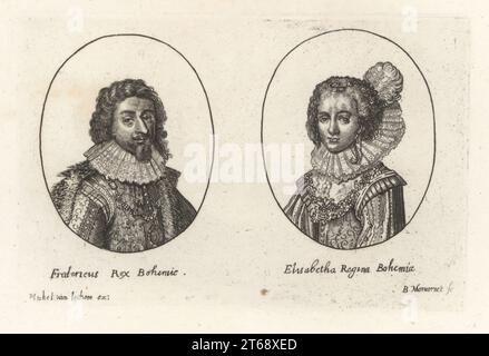 Friedrich V., König von Böhmen, 1596–1632, und Elizabeth Stuart, Königin von Böhmen, 1596-1662. Fredericus Rex Bohemie, Elisabetha Regina Bohemia. Aus dem seltenen Druck von Balthasar Moncornet, herausgegeben von Michel van Lochem. Kupferstich aus der Samuel Woodburns Gallery mit seltenen Porträts bestehend aus Original Plates, George Jones, 102 St Martins Lane, London, 1816. Stockfoto