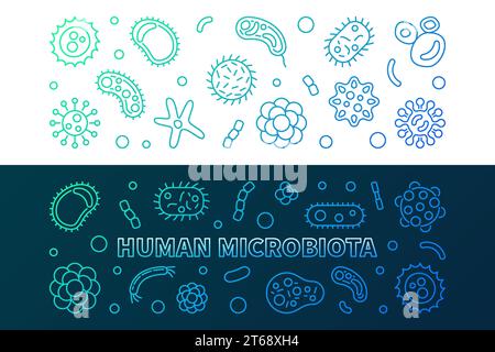 Humane Mikrobiota bunte horizontale Banner Set. Vektorkonzept, Darstellung dünner Linien Stock Vektor