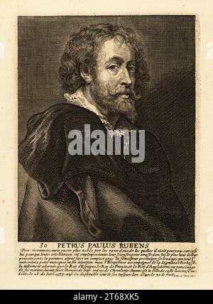 Porträt von Sir Peter Paul Rubens, flämischer Künstler und Diplomat, 1577-1640. Petrus Paulus Rubens. Kupferstich nach einem Selbstporträt von Rubens, veröffentlicht in Johannes Meyssens Image de Divers hommes d’esprit sublime, Antwerpen, 1649. Stockfoto