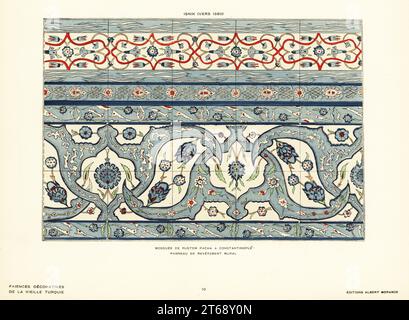 Platte aus keramischen Wandfliesen mit Blumen und Laub in der Moschee von Rustem Pacha Hirvati, osmanischer Staatsmann und Großwesir, Istanbul, hergestellt in Iznik, Türkei, um 1560. Mosquee de Rustem Pacha a Constanitinopel. Wandgemälde Panneau de revetement. Isnik (Vers 1560). Pochoir (Schablone) handkolorierte Lithografie von Alexandre Raymonds Faience Decorative de la Vieille Turquie, Dekorative Keramik aus der antiken Türkei, Editions Albert Morance, Paris, 1927. Stockfoto