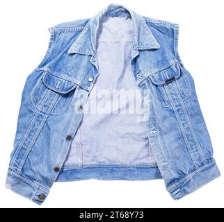 Blaue Denim-Weste auf weißem Hintergrund, Jeansweste isoliert auf weißem Hintergrund, Sommerbekleidungselement Stockfoto