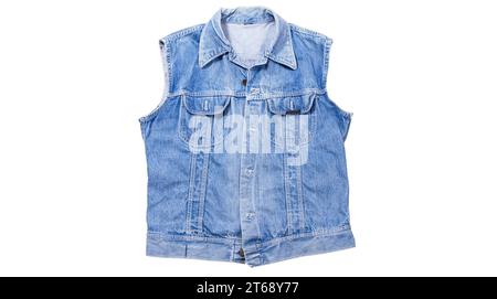 Blaue Denim-Weste auf weißem Hintergrund, Jeansweste isoliert auf weißem Hintergrund, Sommerbekleidungselement Stockfoto