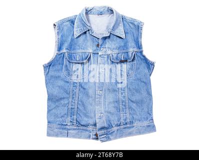 Blaue Denim-Weste auf weißem Hintergrund, Jeansweste isoliert auf weißem Hintergrund, Sommerbekleidungselement Stockfoto