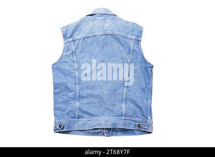 Rückseite blaue Jeansweste auf weißem Hintergrund, Jeansweste isoliert auf weißem Hintergrund, Sommerbekleidung Element Stockfoto