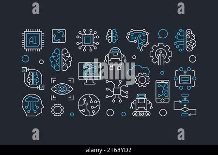 Horizontales Umrissbanner für künstliche Intelligenz. Illustration der KI-Technologie im Linienstil auf dunklem Hintergrund Stock Vektor