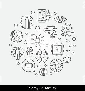 Illustration der runden AI-Umrisse. Lineare Symbole für künstliche Intelligenz und digitale Hirnvektoren in Kreisform Stock Vektor