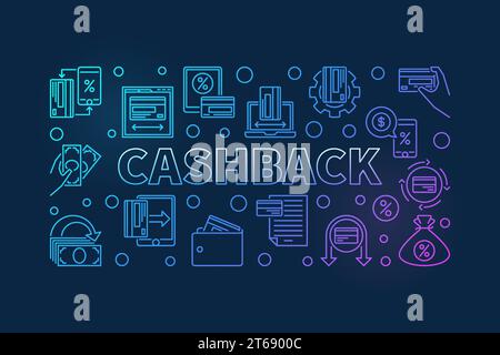 Horizontale Vektorfarbige Illustration für Cashback-Kontur. Kreatives lineares Banner mit Cashback auf dunklem Hintergrund Stock Vektor