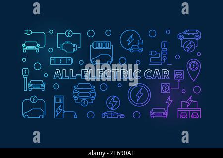 Horizontales, farbenfrohes Banner für Elektroautos. Vektorillustration mit linearen Symbolen für Elektroautos auf dunklem Hintergrund Stock Vektor