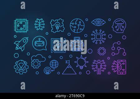 Futuristischer Vektor farbenfrohe horizontale Illustration im Linienstil. Banner für Zukunftstechnologie und Innovation auf dunklem Hintergrund Stock Vektor