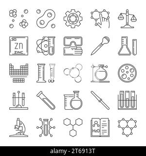 Vektorsatz von Symbolen für chemische Konturen. Chemiekonzept lineare Zeichen oder Designelemente Stock Vektor