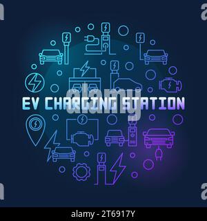 EV-Ladestation runde Vektorblaue Illustration in dünner Linie. Symbol für kreatives Aufladen eines Elektrofahrzeugs auf dunklem Hintergrund Stock Vektor
