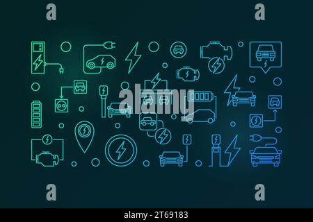 Batterie-Elektrofahrzeug-Vektor-Umrandung buntes horizontales Banner oder Illustration auf dunklem Hintergrund Stock Vektor