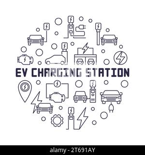 Runder Vektor-Illustration der EV-Ladestation in dünner Linie. Lineares Symbol für das Ladekonzept eines Elektrofahrzeugs Stock Vektor