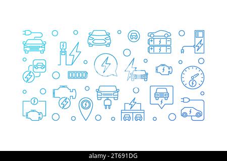 Blaues horizontales Banner für Elektrofahrzeuge. EV-Vektor Moderne Umrissdarstellung auf weißem Hintergrund Stock Vektor
