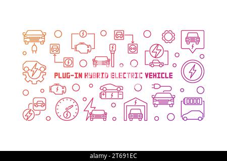 Plug-in Elektrofahrzeug Vektor bunte horizontale Illustration in dünner Linie Stil. Lineares EV Concept-Banner auf weißem Hintergrund Stock Vektor